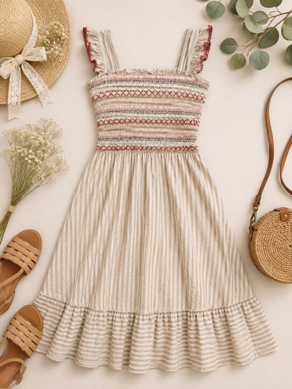 Charmed Hearts Women's Cottagecore Smocked Striped Midi Dress Size Large